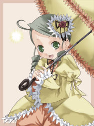 Rule 34 | 00s, 1girl, ahoge, beige background, blush, cowboy shot, dress, frilled dress, frilled sleeves, frilled umbrella, frills, green eyes, green hair, hair ornament, heart, heart hair ornament, holding, kanaria, long sleeves, looking at viewer, matching hair/eyes, open mouth, rozen maiden, short hair, simple background, smile, solo, takano natsuki, umbrella, wide sleeves, yellow dress