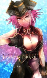 Rule 34 | 10s, 1girl, ahoge, artist name, bare shoulders, blue eyes, breasts, character name, cleavage, cowboy shot, fate/extra, fate/grand order, fate (series), francis drake (fate), hat, highres, kojima (blue stardust), large breasts, long hair, looking at viewer, pink hair, pirate hat, scar, sleeveless, smile, solo, tricorne