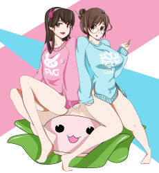 Rule 34 | 2girls, absurdres, animal print, atsumi yuki, bad feet, bad hands, bare shoulders, black-framed eyewear, bottomless, breasts, brown eyes, brown hair, clenched hand, d.va (overwatch), eyebrows, glasses, hair bun, hair ornament, hair stick, hairband, hand up, highres, large breasts, long hair, long sleeves, looking at viewer, mei (overwatch), multiple girls, naked sweater, open mouth, overwatch, overwatch 1, pachimari, pink lips, rabbit hair ornament, rabbit print, short hair, side slit, single hair bun, smile, snowflake print, stuffed animal, stuffed toy, sweater, thick thighs, thighs