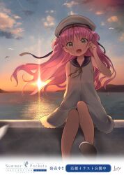 Rule 34 | 029, 1girl, :d, backlighting, blue sailor collar, child, cloud, commentary request, company name, copyright name, dress, fang, floating hair, foot out of frame, grey eyes, hair between eyes, happy, hat, highres, katou umi, long hair, looking at viewer, ocean, open mouth, outdoors, pink hair, promotional art, ribbon, sailor collar, sailor dress, sailor hat, short dress, sitting, sleeveless, sleeveless dress, smile, solo, summer pockets, sunset, two side up, white dress, white hat, yellow ribbon