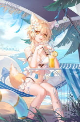Rule 34 | 1girl, :d, animal ears, bare arms, bare legs, bare shoulders, beach, bikini, blonde hair, blue sky, breasts, cleavage, cup, day, drinking glass, feet out of frame, flower, food, fox ears, fox tail, fruit, genshin impact, hair between eyes, hair flower, hair ornament, hands up, highres, innertube, kemonomimi mode, large breasts, lemon, lemon slice, long hair, looking at viewer, lumine (genshin impact), navel, ocean, open mouth, outdoors, own hands together, qilu xunhua, sitting, sky, smile, solo, stomach, swim ring, swimsuit, tail, thigh strap, thighs, water, white bikini, white flower, yellow eyes