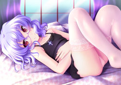 Rule 34 | 1girl, alternate costume, aosuke (ayakawa akito), ayakawa akito, bespectacled, blush, cross, female focus, glasses, jewelry, looking at viewer, lying, necklace, on back, panties, purple hair, red eyes, remilia scarlet, short hair, smile, solo, striped clothes, striped panties, thighhighs, touhou, underwear, white thighhighs