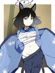 Rule 34 | 1girl, animal ears, arms behind back, black eyes, black hair, blue archive, blue kimono, blue neckerchief, blue skirt, bound, breasts, cat ears, chest sarashi, choker, cleavage, clothes lift, corrupted twitter file, entangled, glaring, groin, halo, highres, japanese clothes, kikyou (blue archive), kimono, long sleeves, looking at viewer, lying, multiple tails, navel, neckerchief, on back, parted lips, ribbon choker, sailor collar, sarashi, shirt, shirt lift, short hair, skirt, small breasts, solo, string, tail, tatami, two tails, uni gyoza, white shirt