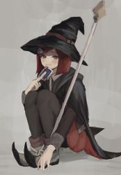 1girl ako_(td110349-7517) bad_id bad_twitter_id black_cape black_hat black_pantyhose bob_cut cape card danganronpa_(series) danganronpa_v3:_killing_harmony grey_background hair_ornament hairclip hat highres holding holding_card holding_staff long_sleeves pantyhose pointed_footwear red_eyes red_hat short_hair simple_background sitting smile solo staff witch_hat yumeno_himiko