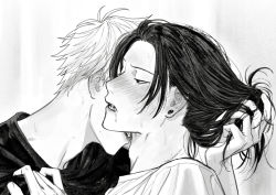 Rule 34 | 2boys, adam&#039;s apple, blush, clothes grab, couple, covered eyes, drooling, ear blush, ear piercing, from side, getou suguru, ggss cc, gojou satoru, greyscale, hair undone, half-closed eyes, hand up, holding another&#039;s hair, imminent bite, imminent kiss, jujutsu kaisen, long hair, looking away, male focus, monochrome, multiple boys, nose blush, parted lips, piercing, plug (piercing), portrait, profile, saliva, shirt, short hair, sweat, t-shirt, untying, yaoi