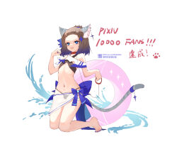 Rule 34 | 1girl, :3, absurdres, animal ear fluff, animal ears, back bow, barefoot, bikini, black bikini, blue bow, blue eyes, blue hair, blue nails, bow, brown hair, cat ears, cat girl, cat tail, chinese commentary, collar, commentary request, ear piercing, fang, full body, gradient hair, hair pulled back, half updo, highres, holding, holding leash, kneeling, leash, liwendala, medium hair, milestone celebration, multicolored hair, nail polish, navel, open mouth, original, piercing, pink innertube, red collar, sarong, solo, star-shaped pupils, star (symbol), swimsuit, symbol-shaped pupils, tail, toenail polish, toenails, toes, white sarong