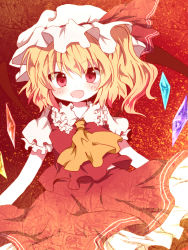 Rule 34 | 1girl, ascot, blonde hair, blush, fang, female focus, flandre scarlet, hat, hat ribbon, looking at viewer, mari audio, mob cap, open mouth, puffy sleeves, red eyes, ribbon, short hair, short sleeves, side ponytail, simple background, skirt, smile, solo, touhou, white hat, wings