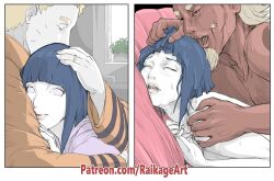 1girl 2boys boruto:_naruto_next_generations cheating_(relationship) completely_nude dark-skinned_male dark_skin hetero highres hug husband_and_wife hyuuga_hinata implied_sex interracial jewelry mature_female multiple_boys naruto_(series) netorare nude patreon_username pulling_another&#039;s_hair raikage raikageart ring uzumaki_naruto watermark web_address wedding_ring