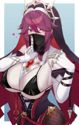 Rule 34 | 1girl, absurdres, bare shoulders, black bra, bra, breasts, commentary request, elbow gloves, genshin impact, gloves, hat, heart, highres, index finger raised, kanta (kanta 077), large breasts, mouth veil, multicolored hair, pale skin, parted lips, red hair, rosaria (genshin impact), smile, solo, streaked hair, underwear, upper body, veil