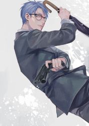 Rule 34 | 1boy, blue hair, formal, glasses, gun, kuroko no basuke, kuroko tetsuya, male focus, solo, suit, tagme, umbrella, weapon