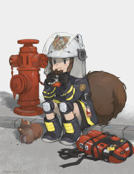 Rule 34 | 1girl, animal ears, animal ears helmet, arknights, artist request, badge, boots, brown hair, candy, chocolate, chocolate bar, commentary request, eating, fire helmet, fire hydrant, firefighter jacket, firefighter, food, gloves, helmet, highres, id card, jacket, knee pads, oxygen tank, shaw (arknights), sitting, solo, squirrel, squirrel girl, squirrel tail, tail