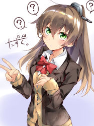Rule 34 | 1girl, ?, absurdres, blush, bow, bowtie, brown hair, brown jacket, cardigan, dated, gradient background, green eyes, hair between eyes, hair ornament, hairclip, headgear, highres, jacket, kantai collection, kumano (kancolle), long hair, looking at viewer, narumiya (empty cafe), one-hour drawing challenge, ponytail, red bow, red bowtie, school uniform, skirt, solo, v