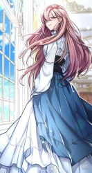 Rule 34 | 1girl, blush, closed mouth, dress, highres, long hair, looking at viewer, looking back, pink eyes, pink hair, regina rena: to the unforgiven, rena rubel, smile, solo, very long hair, white dress, window