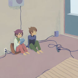 Rule 34 | 1boy, 1girl, arm support, barefoot, blue shirt, brown hair, cable, closed mouth, commentary request, cushion, electrical outlet, full body, green pants, holding, indoors, long sleeves, muji (uimss), on ground, original, pants, pink pants, power strip, purple eyes, purple hair, shirt, short hair, sitting, speaker, wire