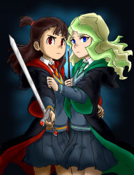 Rule 34 | a50926123, absurdres, blue eyes, brown hair, couple, diana (sailor moon), diana cavendish, green neckwear, gryffindor, hand on another&#039;s arm, hand on another&#039;s hip, harry potter (series), highres, hogwarts school uniform, kagari atsuko, little witch academia, long hair, long sleeves, looking at viewer, multicolored hair, necktie, parody, red eyes, red neckwear, robe, school uniform, simple background, skirt, slytherin, sword, thighs, two-tone background, two-tone hair, uniform, wand, wavy hair, weapon, wizarding world, yuri