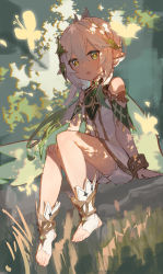Rule 34 | 1girl, :o, absurdres, bare legs, bare shoulders, braid, commentary request, dress, feet, float-dian, foliage, genshin impact, grass, green eyes, hair between eyes, highres, long hair, looking at viewer, nahida (genshin impact), open mouth, outdoors, pointy ears, shorts, sitting, solo, stirrup footwear, toeless footwear, toes, white dress, white footwear, white hair, white shorts, yellow eyes