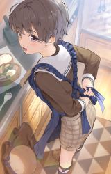 Rule 34 | 1boy, apron, bear slippers, bento, blue apron, brown hair, brown shirt, cocolo (co co lo), drawer, from above, hat, unworn hat, unworn headwear, highres, kitchen, looking at viewer, male focus, original, plaid, plaid shorts, sailor collar, shirt, short hair, shorts, slippers, smile, legwear garter, socks, solo, spoon, tying apron