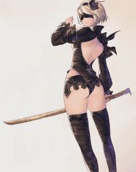 Rule 34 | 1girl, ass, back, back cutout, black blindfold, black hairband, black thighhighs, blindfold, closed mouth, clothing cutout, fingernails, grey hair, gusty10rk, hair between eyes, hairband, highres, holding, holding sword, holding weapon, katana, looking back, nier (series), nier reincarnation, short hair, skindentation, solo, sword, thighhighs, weapon, yorha, 2b (nier:automata)