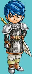 1boy armor artist_request belt blue_hair brown_belt brown_eyes chainmail dragon_quest dragon_quest_builders_2 gloves hand_on_own_hip looking_to_the_side male_focus official_art orange_gloves pants pauldrons rick_(dqb2) short_hair shoulder_armor smile solo steel-toe_boots sword transparent_background weapon weapon_on_back white_pants