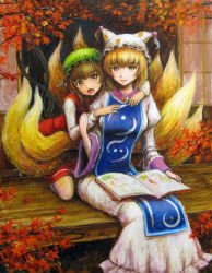 Rule 34 | 2girls, animal ears, autumn, blonde hair, book, brown eyes, brown hair, cat ears, cat girl, cat tail, chen, earrings, fang, female focus, fox tail, hat, hug, hug from behind, jewelry, md5 mismatch, multiple girls, multiple tails, oil painting (medium), open book, painting (medium), porch, resolution mismatch, sitting, source larger, tafuto, tail, touhou, traditional media, veranda, yakumo ran, yellow eyes