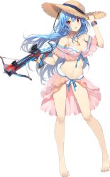 Rule 34 | 1girl, barefoot, bikini, blue hair, bow (weapon), breasts, cleavage, crossbow, full body, hand on headwear, hat, holding, holding weapon, jewelry, koga (oshiro project), long hair, looking at viewer, medium breasts, navel, necklace, official art, oshiro project:re, oshiro project:re, red eyes, solo, standing, straw hat, sun hat, swimsuit, transparent background, weapon, white bikini, wristband, yappen