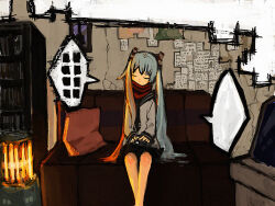 Rule 34 | 1girl, alternate costume, black necktie, black sailor collar, blank speech bubble, blue hair, bookshelf, closed eyes, commentary, couch, covered mouth, crack, cracked wall, facing viewer, feet out of frame, grey shirt, hair ornament, hair over shoulder, hands on lap, hatsune miku, indoors, kerosene heater, long hair, long sleeves, mizu denpa, necktie, on couch, pillow, red scarf, sailor collar, scarf, school uniform, serafuku, shirt, sidelighting, sitting, solo, speech bubble, symbol-only commentary, twintails, vocaloid