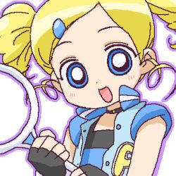Rule 34 | 00s, 1girl, :d, blonde hair, blue eyes, bubble, choker, drill hair, fingerless gloves, gloves, goutokuji miyako, hair ornament, hairclip, looking at viewer, lowres, oekaki, open mouth, outline, oversized object, powerpuff girls, powerpuff girls z, rolling bubbles, sidelocks, smile, solo, twin drills, upper body, vest