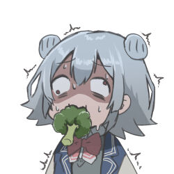 Rule 34 | 1girl, ^^^, bags under eyes, blazer, bow, bowtie, broccoli, cevio, chibi, collared shirt, commentary request, constricted pupils, disgust, double bun, food in mouth, furrowed brow, grey hair, grey sweater, hair bun, highres, hon mirin (nodaminn), jacket, koharu rikka, nervous sweating, open clothes, open jacket, pink bow, pink bowtie, raised eyebrows, red eyes, shaded face, shirt, simple background, solo, sweat, sweater, synthesizer v, twitching, upper body, wall-eyed, white background