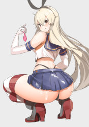 Rule 34 | 1girl, animal ears, artist request, ass, black panties, blonde hair, blush, closed mouth, condom, cum, cum on ass, elbow gloves, facial, from behind, gloves, grey background, hagoromoo, hairband, highres, holding, holding condom, kantai collection, licking lips, long hair, panties, shimakaze (kancolle), simple background, skirt, solo, squatting, striped clothes, striped thighhighs, thighhighs, tongue, tongue out, underwear, used condom, white gloves