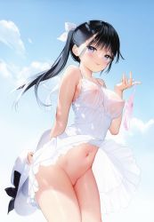Rule 34 | 1girl, :p, absurdres, arm behind back, armpit crease, bar censor, bare arms, bare shoulders, black hair, blue eyes, blue sky, blush, bow, bow panties, breasts, breasts out, censored, closed mouth, clothes lift, clothes pull, cloud, cloudy sky, collarbone, contrapposto, covered erect nipples, cowboy shot, day, dress, dress lift, dress pull, groin, hair ribbon, hat, hat ribbon, highres, holding, holding clothes, holding hat, holding panties, holding underwear, legs together, long hair, looking at viewer, medium breasts, mignon, mole, mole on cheek, navel, nipples, no panties, nose blush, original, outdoors, panties, pink bow, pink panties, ponytail, pussy, pussy juice, ribbon, see-through, sky, smile, solo, spaghetti strap, standing, stomach, summer, sundress, sweat, tongue, tongue out, underwear, unworn hat, unworn headwear, unworn panties, upskirt, white dress, white hat, white ribbon, wind, wind lift
