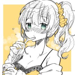 Rule 34 | 1girl, aqua eyes, ayoiji, blush, camisole, close-up, cup, drink, drinking glass, drinking straw, frilled camisole, frills, holding, holding cup, hololive, looking at viewer, medium hair, monochrome, nail polish, natsuiro matsuri, natsuiro matsuri (matsuri&#039;s day off), scrunchie, side ponytail, sketch, solo, spaghetti strap, spot color, virtual youtuber, yellow background, yellow camisole, yellow nails, yellow scrunchie