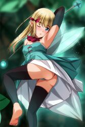 Rule 34 | 1girl, arm up, ascot, ass, barefoot, black gloves, black thighhighs, blonde hair, blue eyes, blush, breasts, dress, fairy, fairy wings, flower, from behind, gloves, green dress, green panties, hair ribbon, highres, holding, leaf, long hair, looking at viewer, looking back, matsunaga kouyou, one eye closed, open mouth, panties, pointy ears, red ascot, red ribbon, ribbon, small breasts, standing, standing on one leg, strapless, strapless dress, thighhighs, underwear, wand, wings