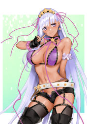Rule 34 | 1girl, armband, bb (fate), bb (fate/extra), bb (swimsuit mooncancer) (second ascension) (fate), belt, bikini, black garter belt, black thighhighs, bow, bracelet, breasts, collar, contrapposto, cowboy shot, fate (series), finger to face, fingerless gloves, garter belt, garter straps, gloves, gold trim, hair bow, hairband, half-closed eyes, highleg, highleg bikini, jewelry, large breasts, light purple hair, long hair, looking at viewer, micro shorts, narrow waist, navel, open clothes, open shorts, purple bikini, purple eyes, revealing clothes, shorts, shoukaki (earthean), smile, solo, standing, swimsuit, thighhighs, very long hair