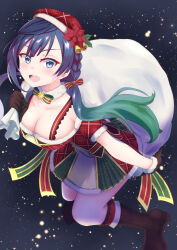 Rule 34 | 1girl, ashiro (ashiro ym), black hair, boots, breasts, christmas, christmas present, cleavage, collarbone, commentary, dress, gift, gift bag, gloves, gradient hair, green hair, grey eyes, hat, highres, large breasts, looking at viewer, love live!, love live! nijigasaki high school idol club, low twintails, multicolored hair, night, night sky, santa costume, santa dress, sidelocks, sky, solo, star (sky), starry sky, twintails, yuki setsuna (love live!)