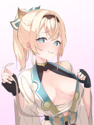 Rule 34 | 1girl, blonde hair, blue eyes, blush, breasts, chest sarashi, cleavage, clothes pull, fingerless gloves, gloves, hair between eyes, hair ornament, hairband, haori, highres, hololive, japanese clothes, kawarnc, kazama iroha, kazama iroha (1st costume), looking at viewer, medium breasts, no bra, open clothes, ponytail, pulling own clothes, sarashi, simple background, smile, solo, undressing, virtual youtuber