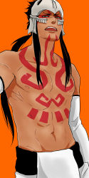 Rule 34 | 1boy, abirama redder, abs, agatsumaattsu, arrancar, bad id, bad pixiv id, black hair, bleach, dark-skinned male, dark skin, facial mark, frown, hot, long hair, looking at viewer, low ponytail, male focus, mask, open mouth, orange background, simple background, solo, tattoo, toned, topless male, upper body, yellow eyes