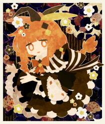 Rule 34 | 1girl, black dress, black flower, blush stickers, border, braid, bright pupils, commentary, diamond hair ornament, dress, english commentary, flower, highres, lapin farbe, long hair, long sleeves, low twin braids, neck ribbon, no lineart, no nose, open mouth, orange eyes, orange flower, orange hair, orange ribbon, original, pale skin, ribbon, smile, solo, twin braids, usagi nui, white border, white flower, white pupils, wide sleeves, yellow flower