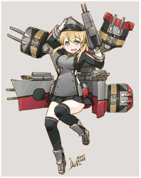 Rule 34 | 1girl, absurdres, adapted turret, anchor hair ornament, aqua eyes, black skirt, black thighhighs, blonde hair, cannon, commentary request, dated, full body, gloves, grey background, hair ornament, hat, highres, inica, kantai collection, long hair, low twintails, machinery, microskirt, military, military hat, military uniform, peaked cap, pleated skirt, prinz eugen (kancolle), signature, simple background, skirt, solo, thighhighs, turret, twintails, uniform, white gloves