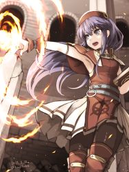 Rule 34 | 1girl, armpits, belt, blue eyes, blue hair, book, dated, dress, fire, fire emblem, fire emblem: the binding blade, hat, highres, holding, holding book, kagikake, lilina (fire emblem), long hair, nintendo, open mouth, outstretched arm, pantyhose, pointing, pointing forward, red hat, solo, twitter username