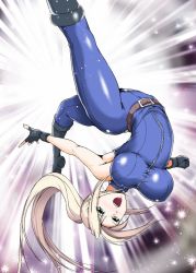 Rule 34 | 1girl, aoiakira553, arched back, blonde hair, blue eyes, bodysuit, boots, breasts, clenched hand, fingerless gloves, full-length zipper, gloves, incoming attack, knee boots, large breasts, long hair, open mouth, ponytail, sarah bryant, solo, sparkle background, speed lines, taut clothes, upside-down, virtua fighter, zipper