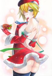 Rule 34 | 1girl, absurdres, ass, backless outfit, black thighhighs, blazblue, blonde hair, breasts, christmas, covered erect nipples, detached sleeves, from behind, gloves, green eyes, highres, long hair, marker (medium), mouth hold, noel vermillion, one eye closed, red gloves, rozarin, santa costume, sideboob, skindentation, solo, thighhighs, traditional media
