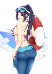 Rule 34 | 1girl, ass, bare shoulders, bikini, blue eyes, blue hair, bodysuit, breasts, diving suit, from behind, goggles, goggles on head, innertube, large breasts, long hair, looking at viewer, looking back, love live!, love live! sunshine!!, matsuura kanan, nabunabu, one eye closed, parted lips, ponytail, shiny clothes, shiny skin, sideboob, signature, skindentation, smile, solo, swim ring, swimsuit, wetsuit, wink