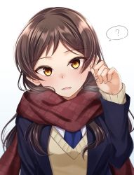 Rule 34 | 1girl, ?, blazer, blue jacket, blush, brown hair, head tilt, highres, idolmaster, idolmaster million live!, jacket, kitazawa shiho, kurousagi yuu, long hair, long sleeves, looking at viewer, open clothes, open jacket, open mouth, parted bangs, red scarf, scarf, school uniform, simple background, solo, speech bubble, sweater, upper body, white background