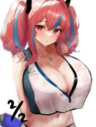 Rule 34 | 1girl, aqua hair, azur lane, bad id, bad twitter id, blurry, blush, breasts, bremerton (azur lane), bremerton (scorching-hot training) (azur lane), cleavage, closed mouth, collarbone, crop top, dated, hair ornament, highres, huge breasts, jewelry, midriff, mochitsuki karen, multicolored hair, navel, necklace, official alternate costume, red eyes, red hair, shirt, simple background, solo, stomach, streaked hair, sweat, twintails, two-tone hair, white background, white shirt