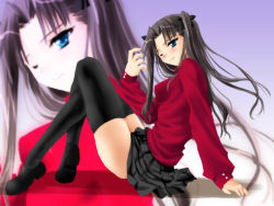Rule 34 | 00s, 1girl, arm support, black hair, black thighhighs, fate/stay night, fate (series), green eyes, long hair, long legs, one eye closed, pin.x, sitting, skindentation, skirt, smile, solo, thighhighs, tohsaka rin, turtleneck, two side up, zoom layer