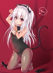 Rule 34 | 1girl, :p, animal ears, bare arms, bare shoulders, black bow, black bowtie, black footwear, black hairband, black pantyhose, blush, bow, bowtie, breasts, cat ears, cat tail, collar, covered navel, detached collar, fake animal ears, finger to mouth, full body, hair between eyes, hairband, hands up, high heels, highres, kakoto, kittysuit, kneeling, leotard, long hair, looking at viewer, nontraditional playboy bunny, nyan, original, pantyhose, paw pose, purple eyes, shoes, unworn shoes, sidelocks, small breasts, solo, tail, tongue, tongue out, white collar, white hair
