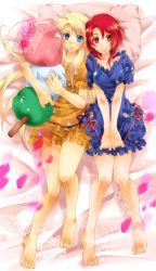 Rule 34 | 2girls, barefoot, bed, blonde hair, blue eyes, blurry, blush, bow, breasts, breasts squeezed together, dakimakura (medium), dango, densetsu no yuusha no densetsu, ferris eris, food, food-themed clothes, food print, frills, from above, frown, hair between eyes, hair spread out, highres, indoors, kiefer knolles, lace, legs, long hair, looking at viewer, lying, medium breasts, mekeko, multiple girls, hugging object, on back, pajamas, pillow, pillow hug, red eyes, red hair, ribbon, shirt tug, short hair, side-by-side, smile, swept bangs, very long hair, wagashi