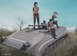 Rule 34 | 10s, 2014, 3girls, armored personnel carrier, armored vehicle, artist name, black hair, blonde hair, bmp-1, day, dead-robot, field, grass, helmet, horizon, long hair, looking at viewer, military, military uniform, military vehicle, mountain, multiple girls, original, ponytail, short hair, sky, soldier, tree, uniform, vehicle