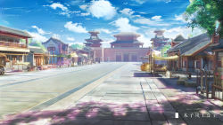 Rule 34 | architecture, artist name, blue sky, bucket, building, chinese commentary, chinese text, cloud, commentary request, day, east asian architecture, highres, moonslanstudio, no humans, original, path, pike (weapon), plant, polearm, road, scenery, shade, sky, stool, sunlight, table, tree, umbrella, wagon