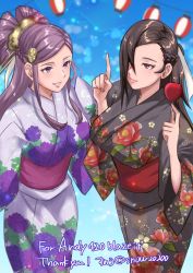 Rule 34 | 2girls, breasts, brown eyes, brown hair, comb, double bun, fire emblem, fire emblem fates, hair bun, hair over one eye, japanese clothes, kagero (fire emblem), large breasts, multiple girls, nintendo, orochi (fire emblem), purple eyes, purple hair, snow20200
